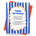 Front cover of the Shmuncki 'Happy Birthday Card', from the bright and bold Blackpool Rocks poem card collection