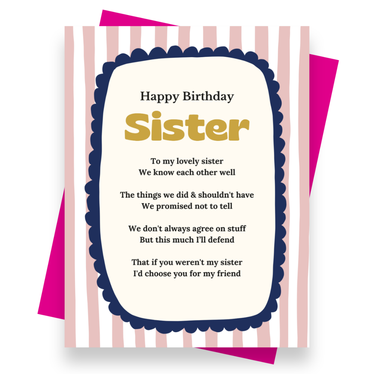 Front cover of the Shmuncki 'Birthday Card for Sister', from the bright and bold Blackpool Rocks poem card collection