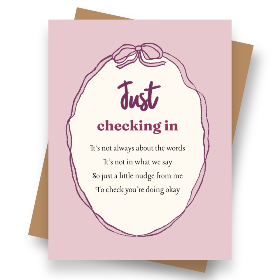 Front cover of the Shmuncki 'Just Checking In' card, from the Frameables poem card collection