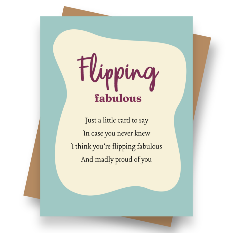 Front cover of the Shmuncki 'Flipping Fabulous' card, from the Frameables poem card collection