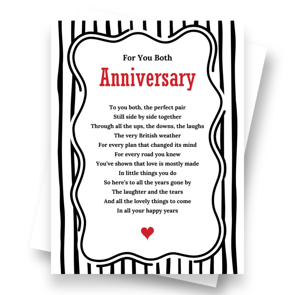 Front cover of the Shmuncki anniversary card for a couple, from the House of Hearts poem card collection