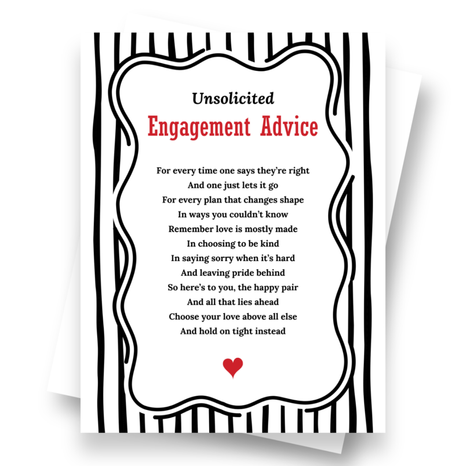 Front cover of the Shmuncki engagement card, from the House of Hearts poem card collection