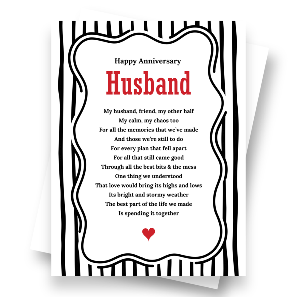 Front cover of the Shmuncki anniversary card for wife, from the House of Hearts poem card collection