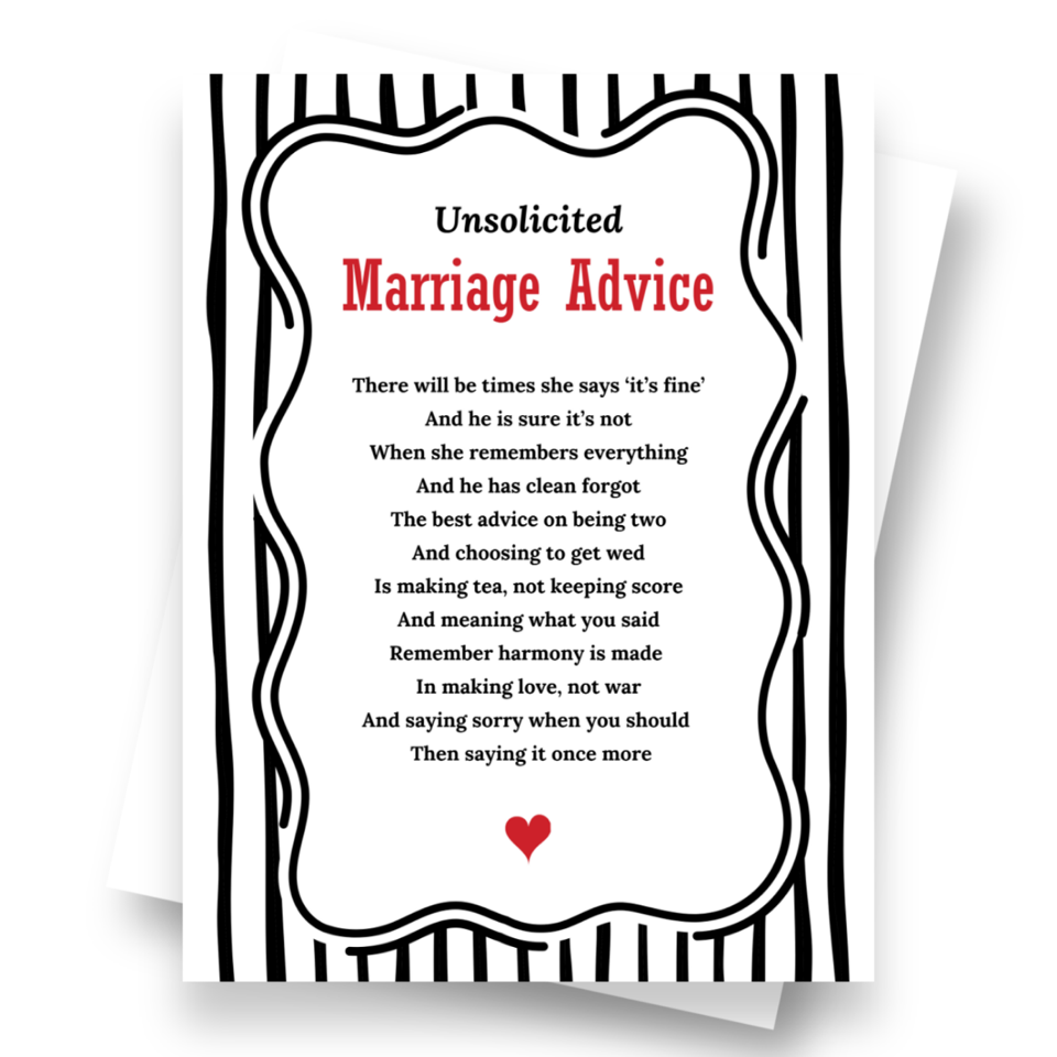 Front cover of the Shmuncki wedding card with marriage advice, from the House of Hearts poem card collection