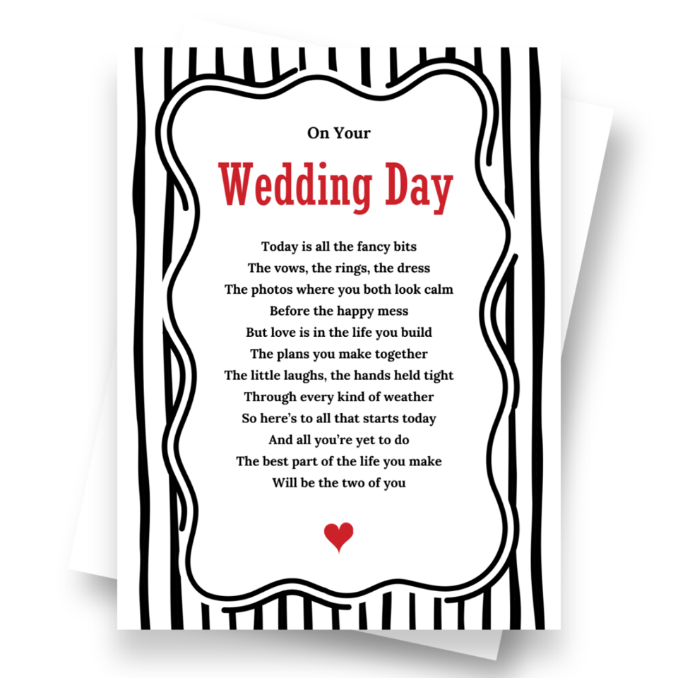 Front cover of the Shmuncki wedding day card, from the House of Hearts poem card collection