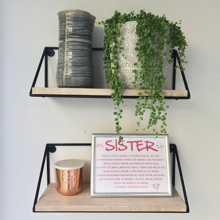 poem gift for a sister in a pink font and silver frame