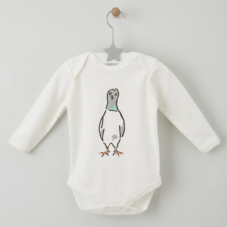 0-6 months long sleeved cotton baby grow with nelson the london pigeon motif by shmuncki