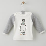 0-6months long sleeved baby top with nelson the london pigeon illustrated print