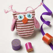 baby owl rattle toy crochet in pink and brown stripes