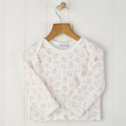 0-6mnth long sleeved baby top with owls mice and hedgehogs in pink