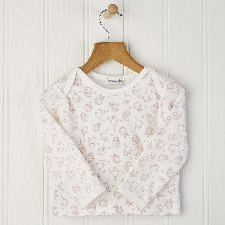 0-6mnth long sleeved baby top with owls mice and hedgehogs in pink