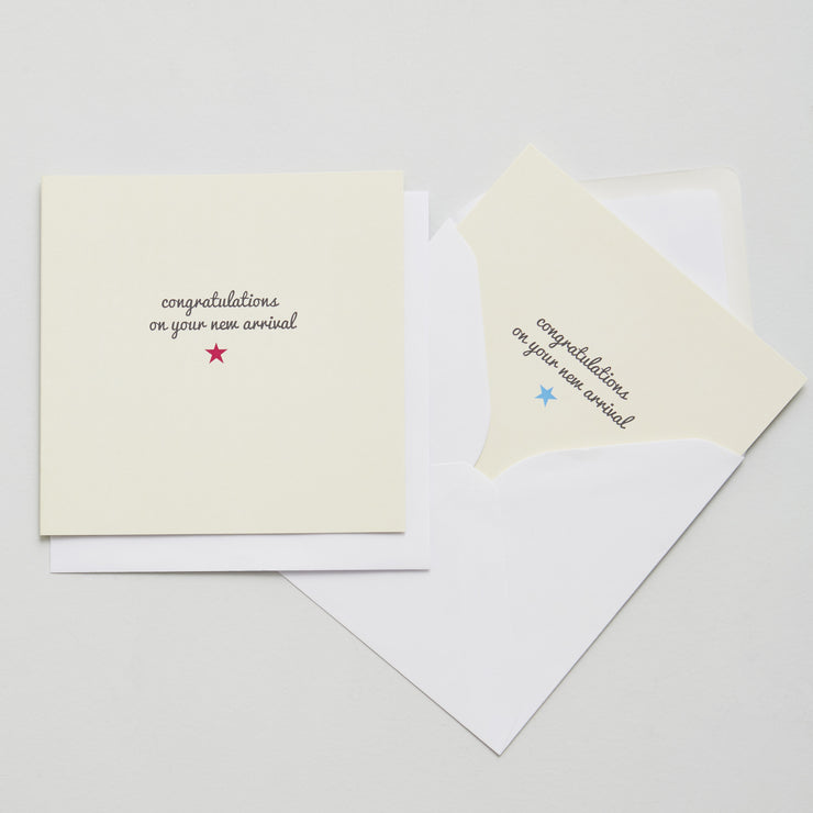 new arrival baby card with pink or blue star