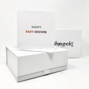 baby shower card with boxed baby gift