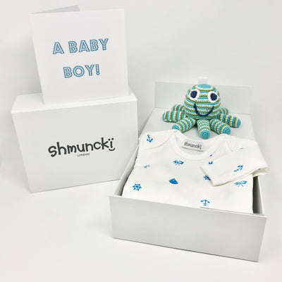 shmuncki baby boy gift set with long sleeved nautical print top and octopus rattle