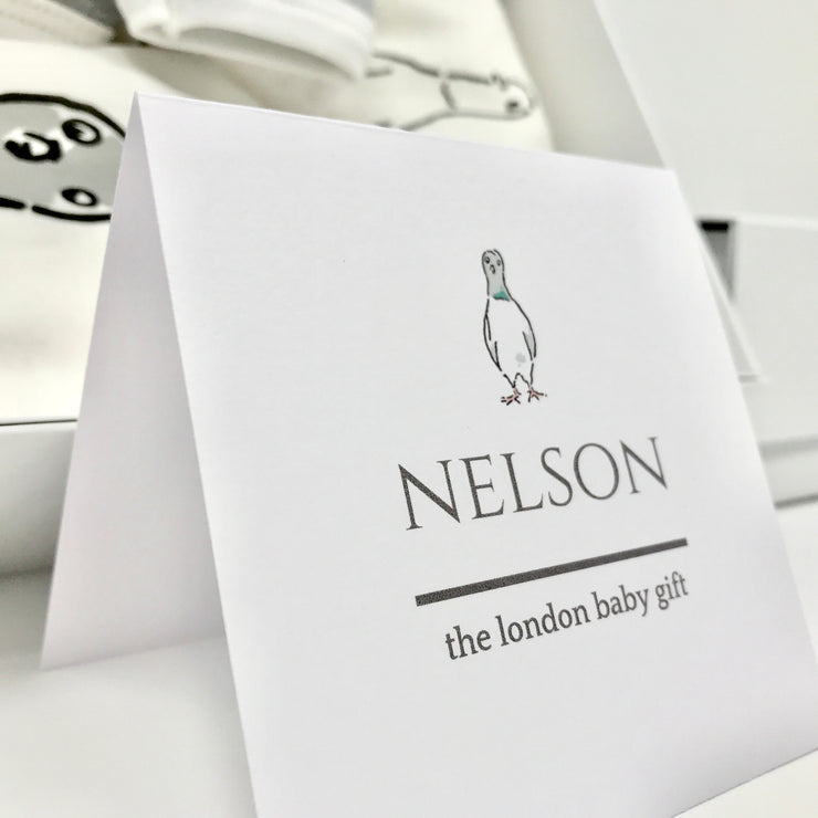 Luxury baby gift card with pigeon character Nelson