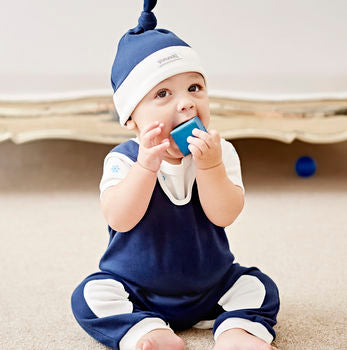 blue baby boy dungarees and hat gift set by shmuncki 0-6 months