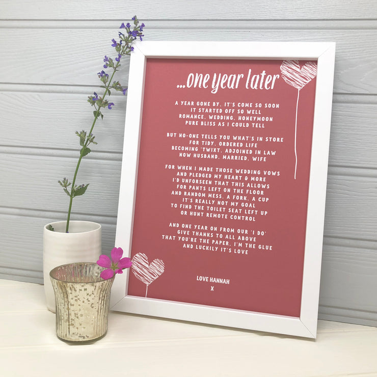 personalised paper anniversary poem in red with hearts
