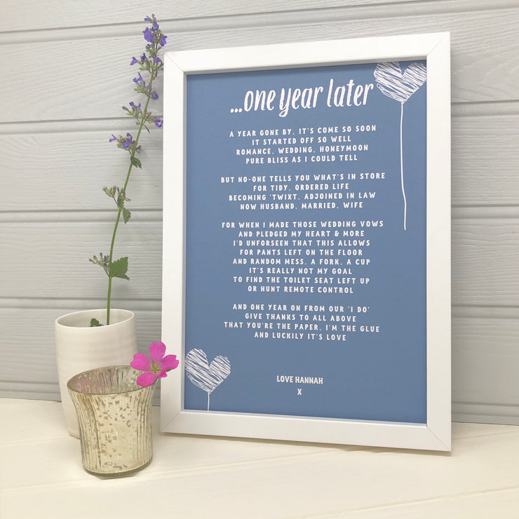 personalised first anniversary gift for husband in blue with hearts