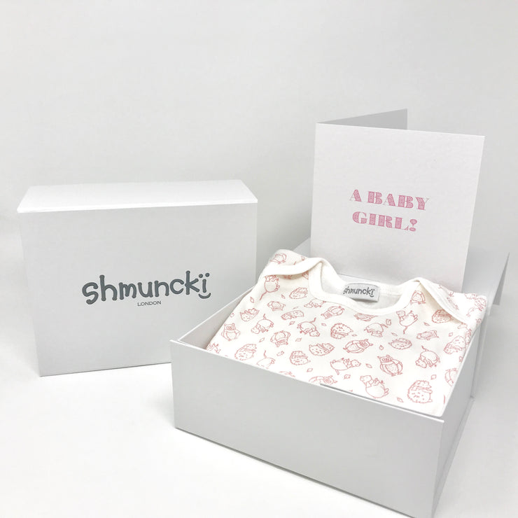 Pink baby top with envelope neckline and woodland print boxed gift
