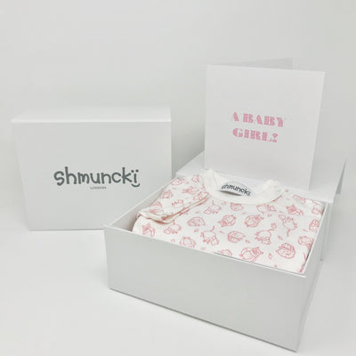shmuncki baby girl gift with a woodland pink baby grow in a box with free postage