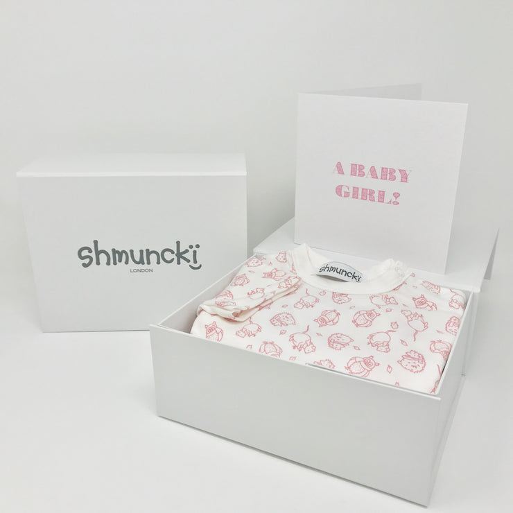 shmuncki baby girl gift with a woodland pink baby grow in a box with free postage
