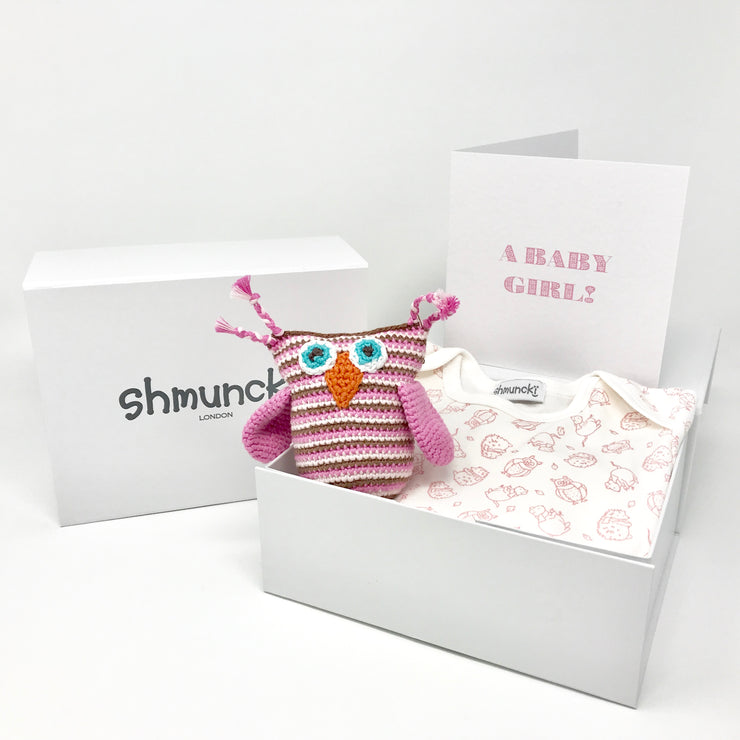 woodland print baby top and crochet rattle owl gift in white box a card and free delivery