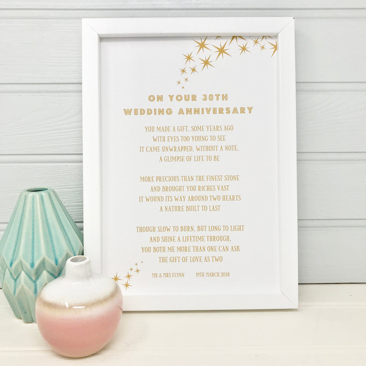 personalised poem for a 30th wedding anniversary framed with gold text